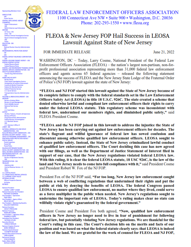FLEOA New Jersey FOP Hail Success in LEOSA Lawsuit Against State of New ...
