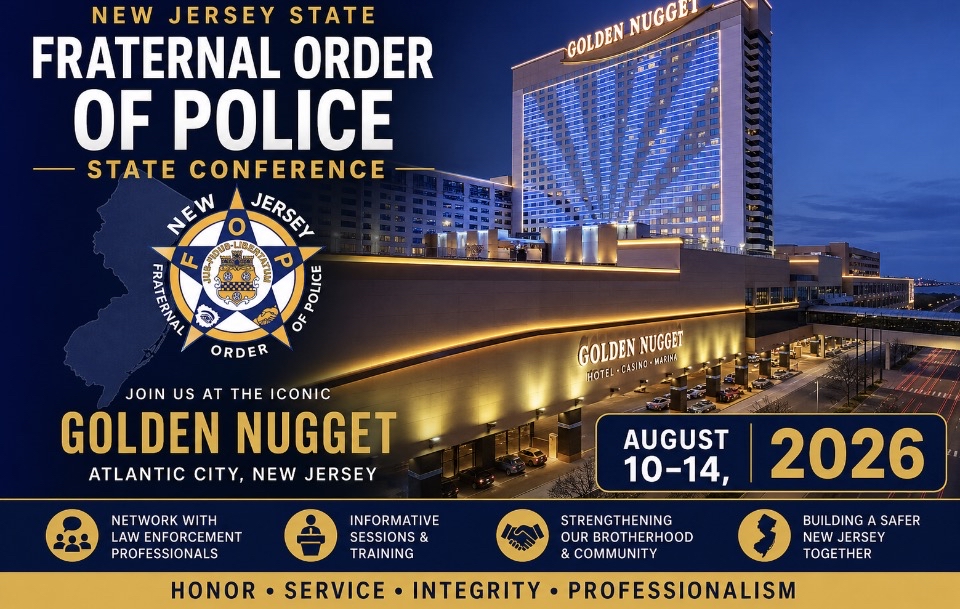 Promotional banner for the New Jersey Fraternal Order of Police State Conference at the Golden Nugget, Atlantic City, August 10–14, 2026.